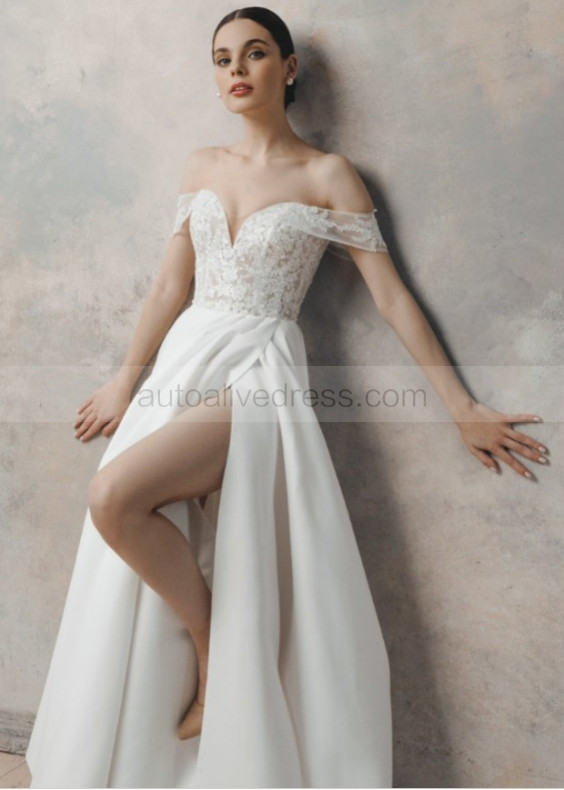 Off Shoulder Beaded Ivory Lace Satin Slit Wedding Dress